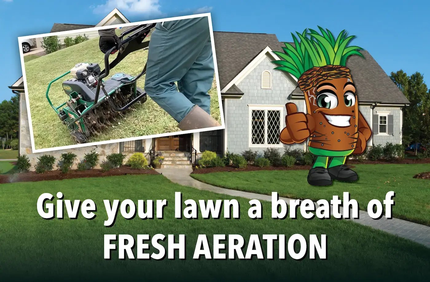 core aerator and aerator plug graphic on beautiful lawn background - give your lawn a breath of fresh aeration
