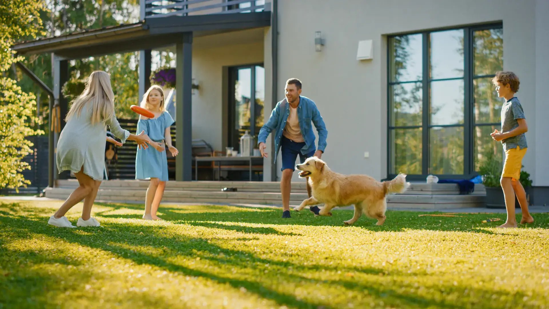 family on lawn with dog playing frisbee
