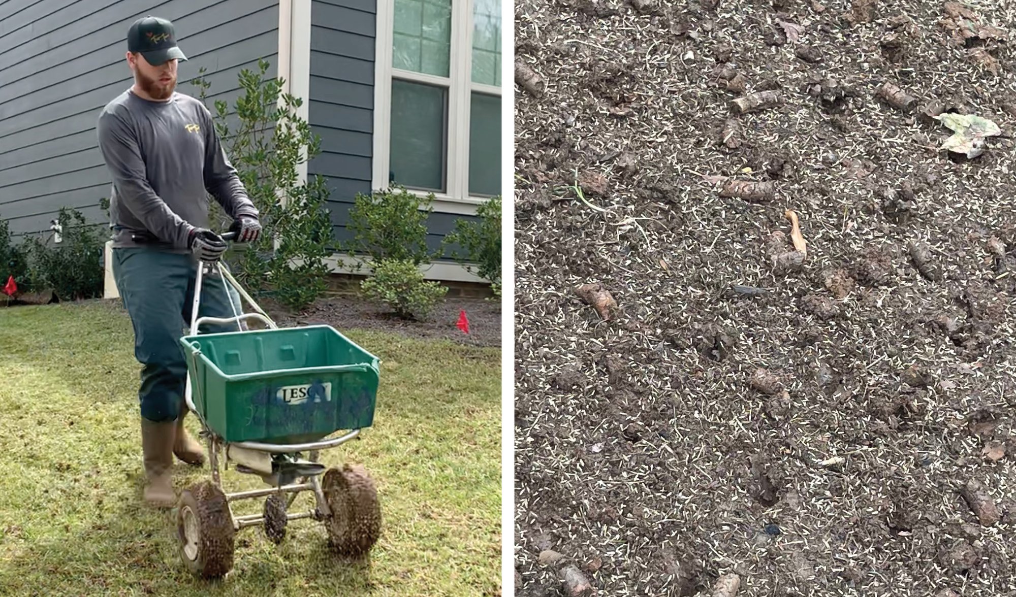 seeding spreader plus seed on aerated ground