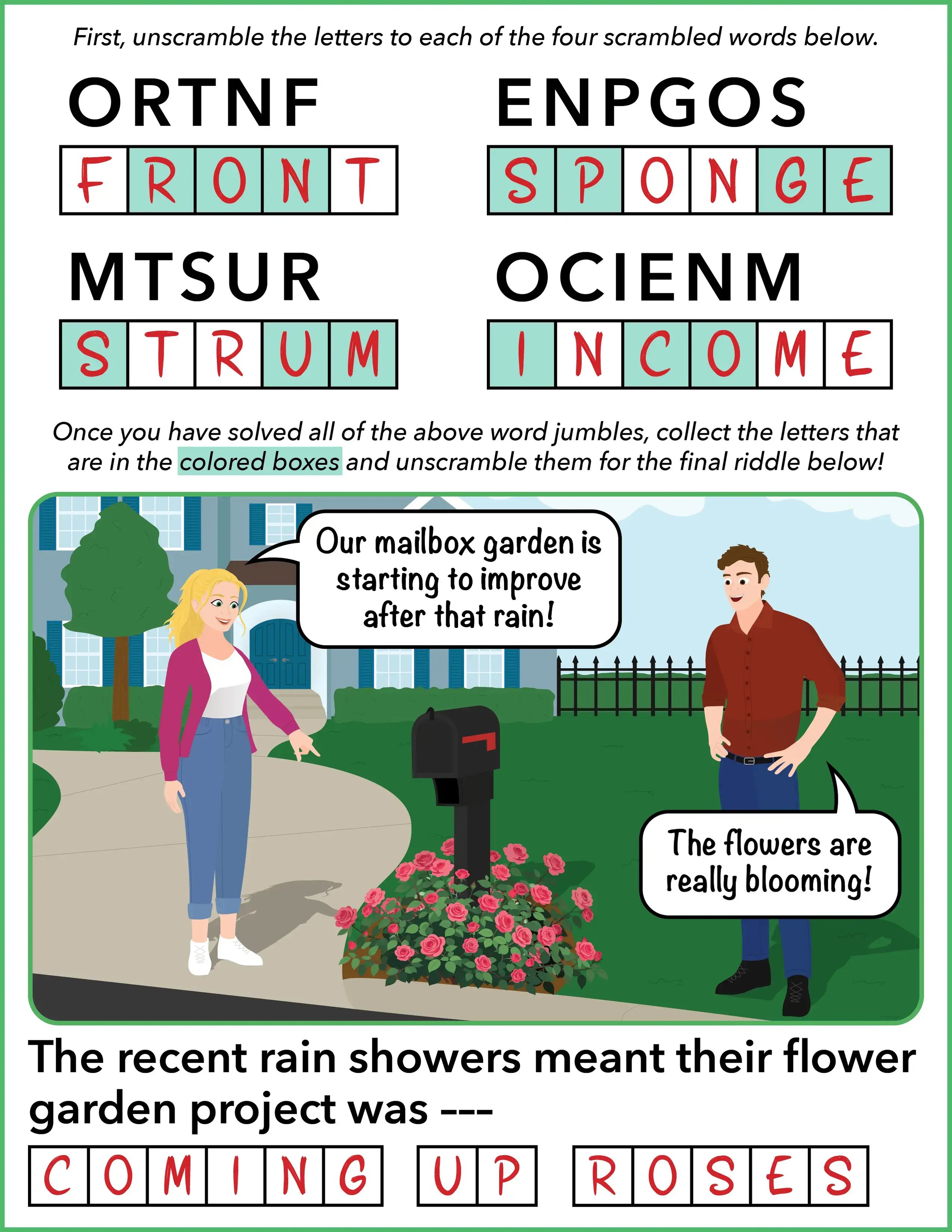word jumble puzzle - layout - coming up roses - spring 2026 - ANSWERS