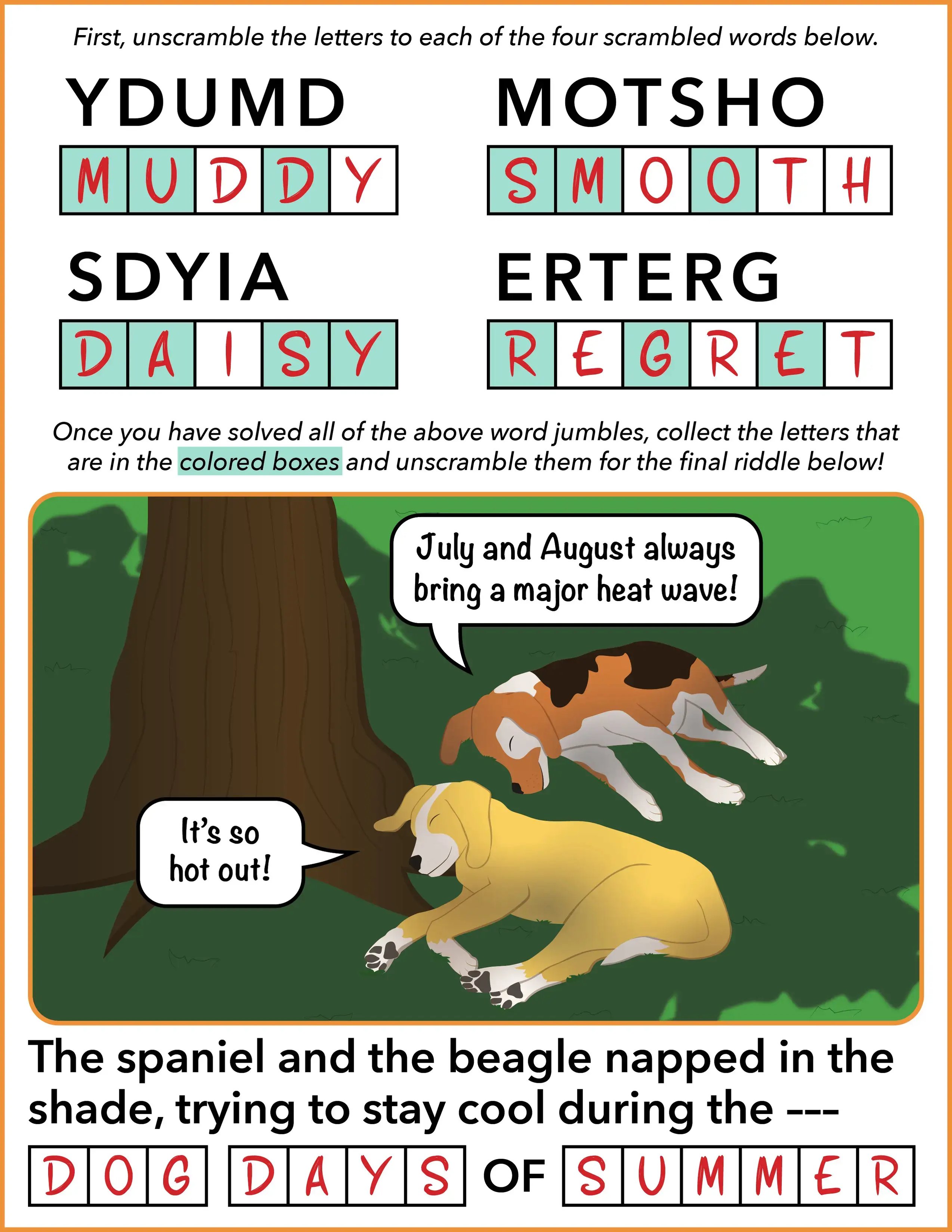 word jumble puzzle - layout - dog days of summer - summer 2026 - ANSWERS