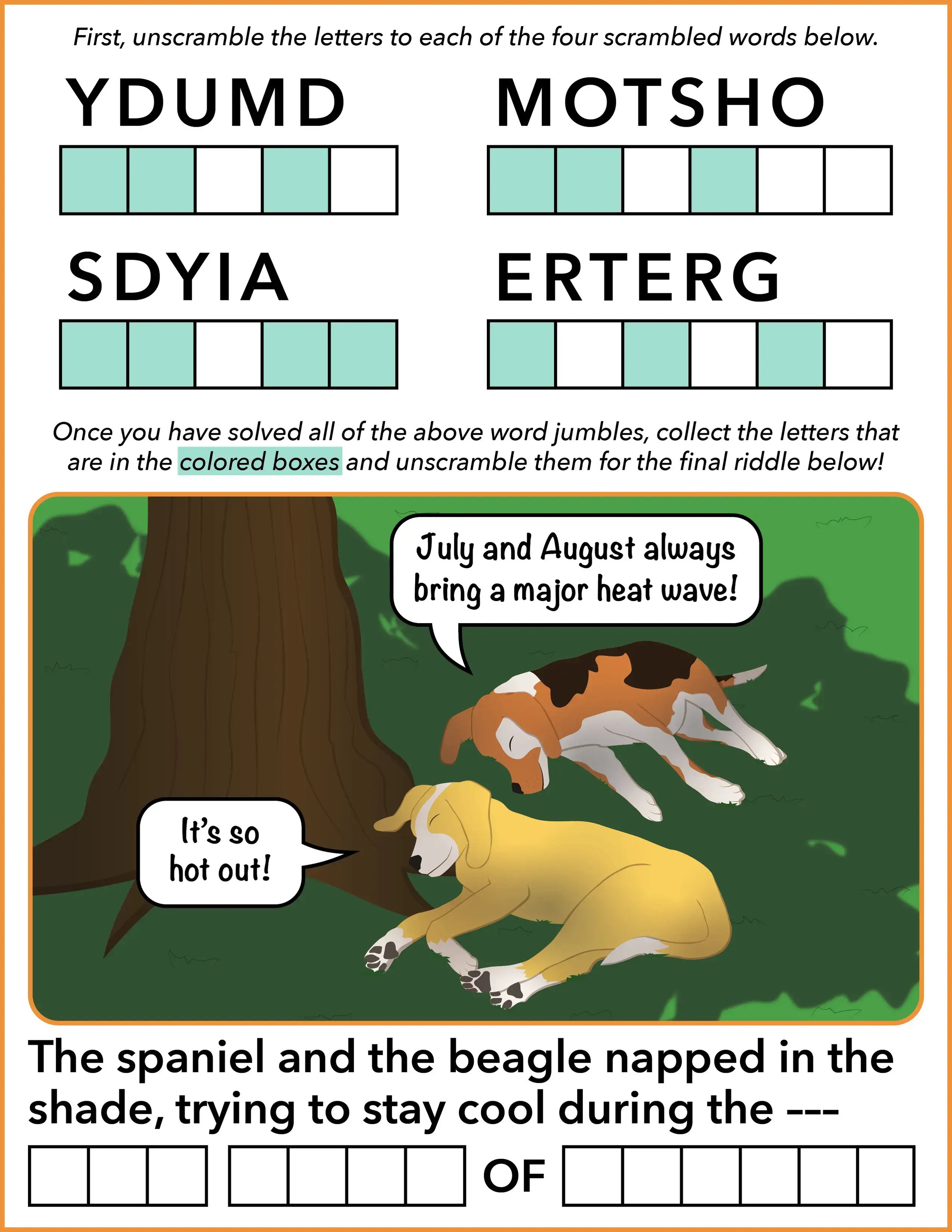 word jumble puzzle - layout - dog days of summer - summer 2026