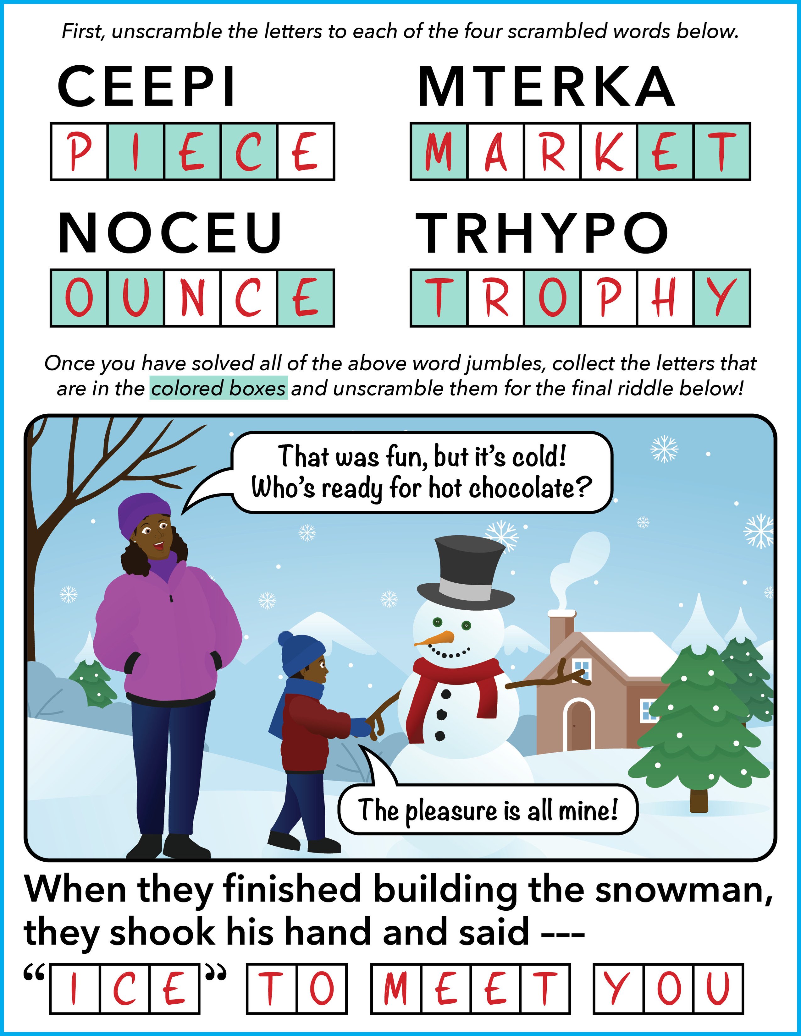 word jumble puzzle - layout - ice to meet you - winter 2026 - ANSWERS