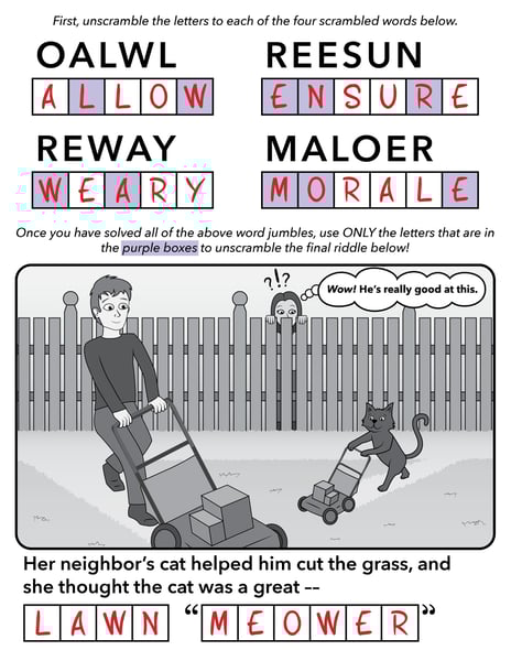word jumble puzzle - layout - lawn meower - ANSWERS