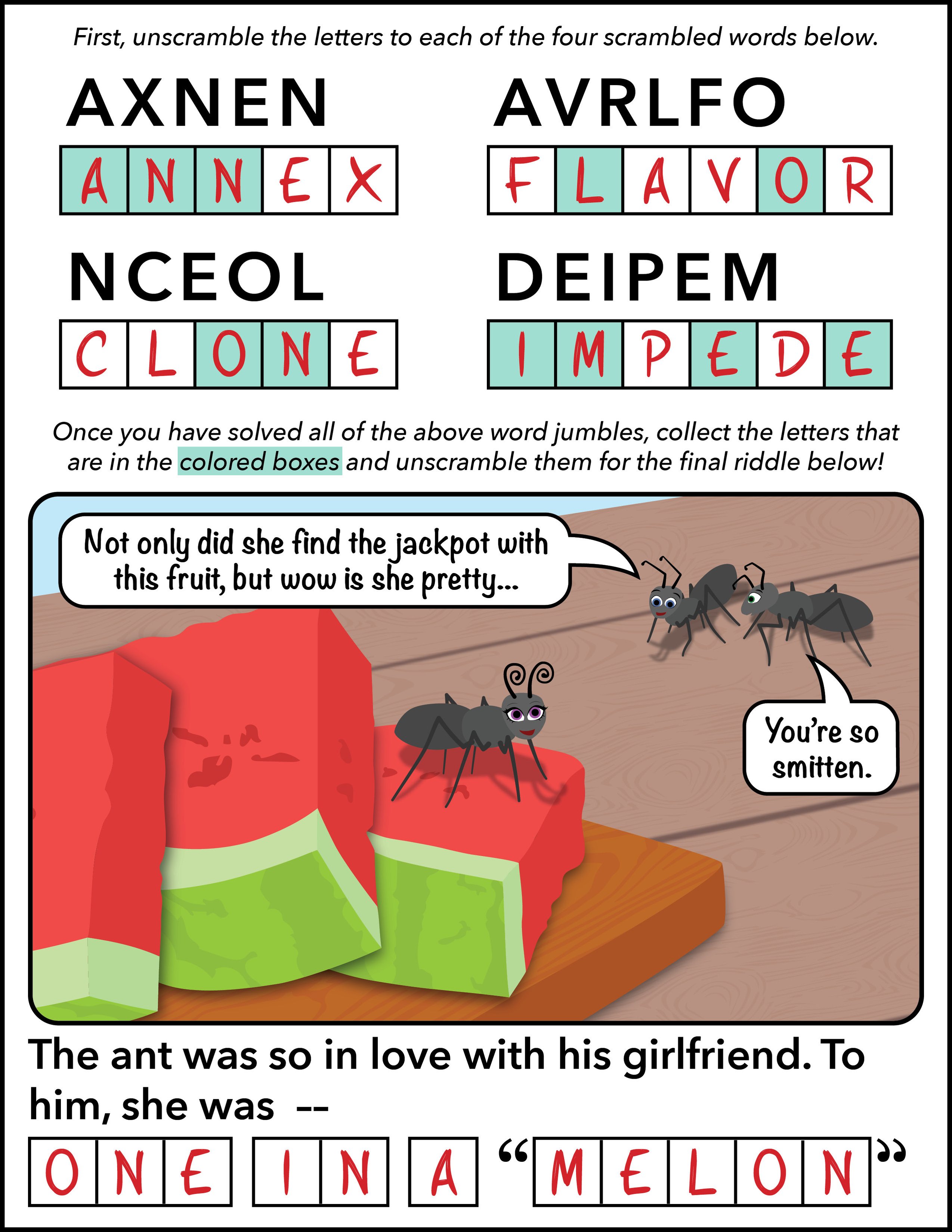 word jumble puzzle - layout - one in a melon - summer 2025 - ANSWERS