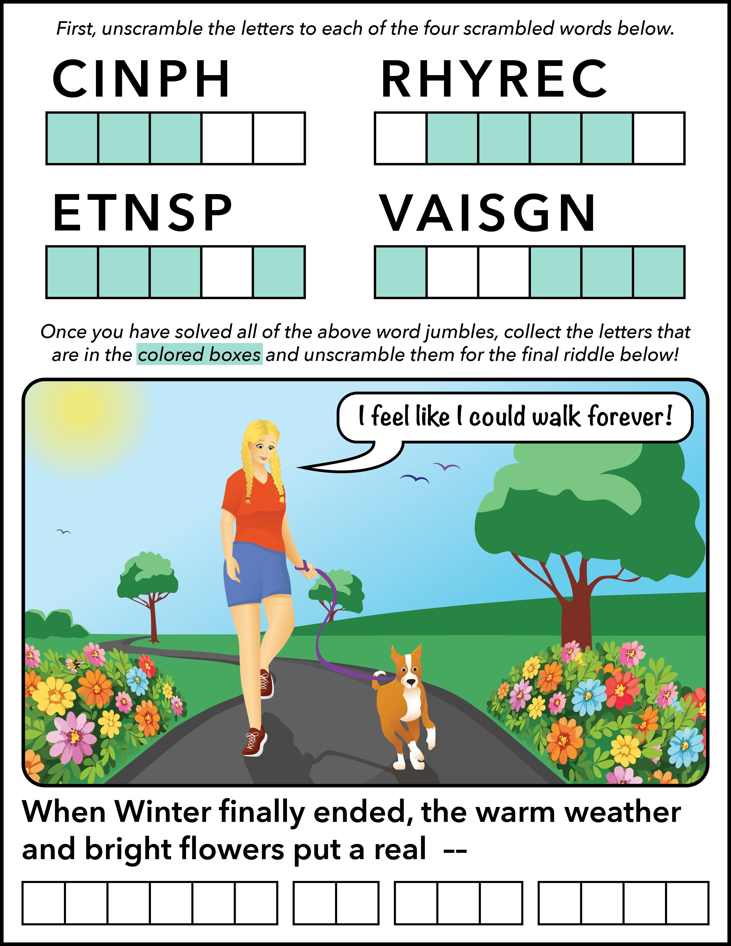 word jumble puzzle - layout - spring in her step - spring 2025